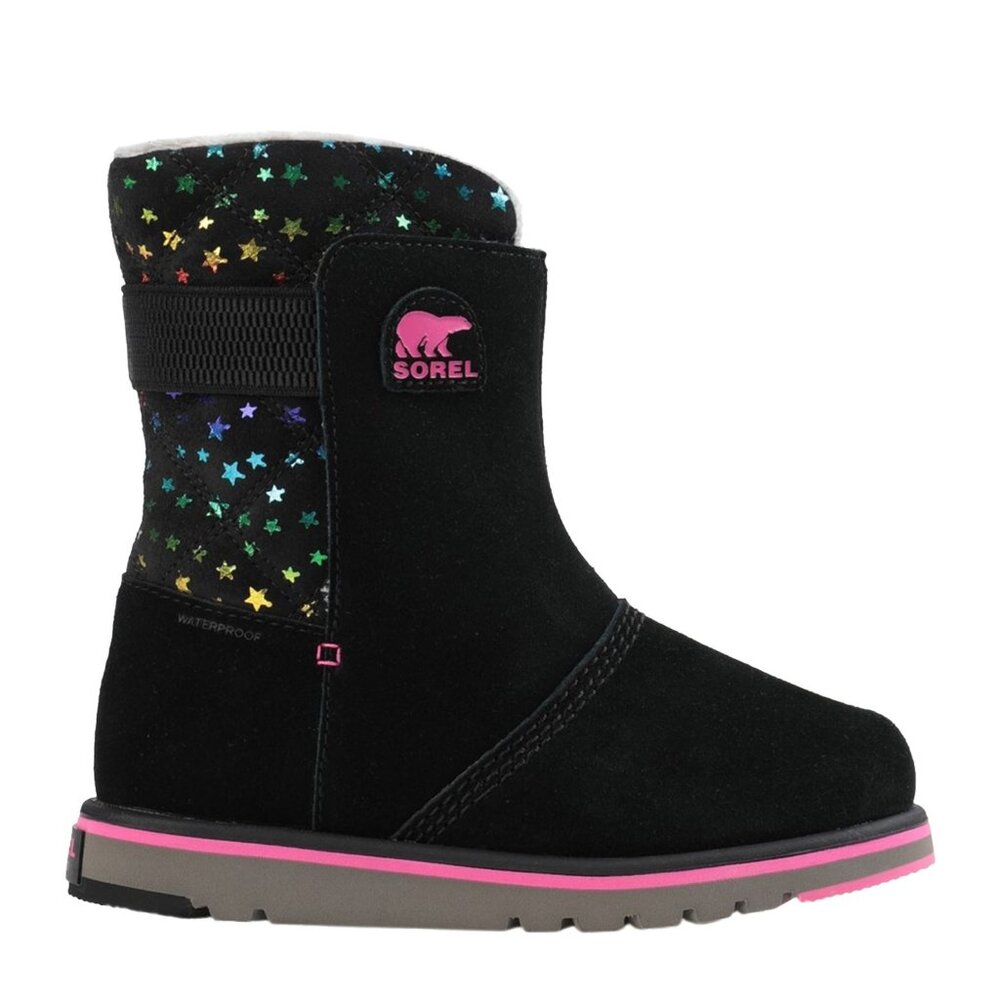 NEW Sorel Kid Rylee Black Suede Rainbow Metalic Stars Faux Fur Waterproof Boots